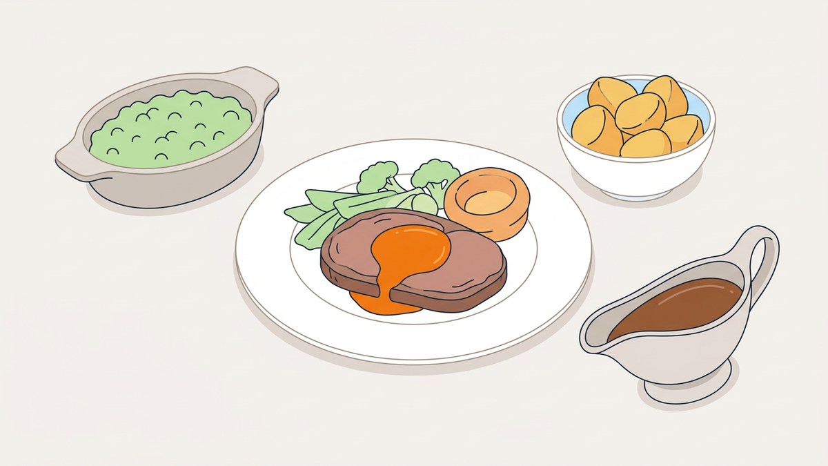 Flache Illustration typischer Gerichte der britischen Küche auf hellem Hintergrund.