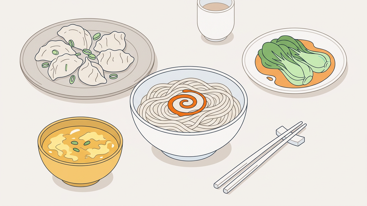 Flache Illustration typischer chinesischer Gerichte auf helm Hintergrund.