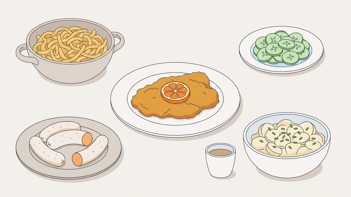 Flache Illustration typischer deutscher Gerichte auf einem hellen Hintergrund.