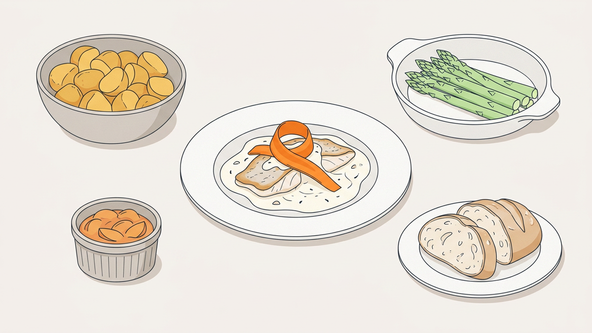 Flache Illustration typischer europäischer Gerichte wie Pasta und Pizza auf hellem Hintergrund