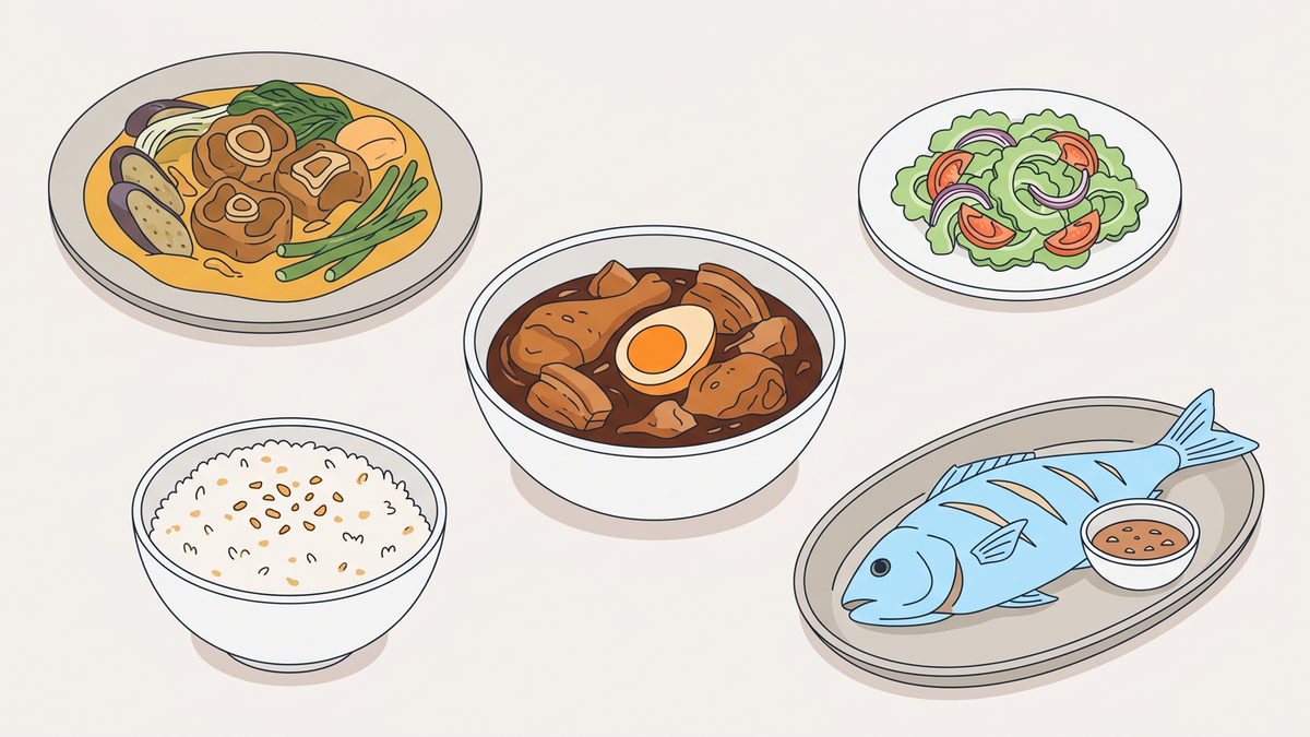Flache Illustration verschiedener philippinischer Gerichte auf einem hellen Hintergrund