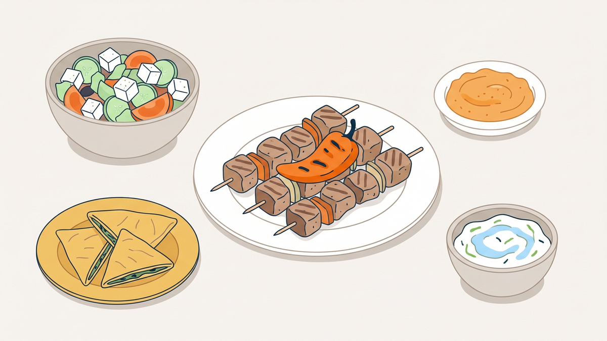 Flache Illustration typischer griechischer Gerichte auf einem hellen Hintergrund.