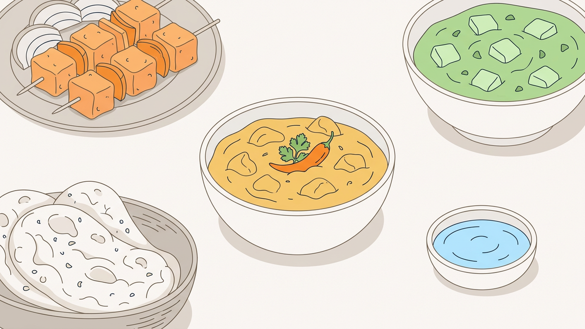 Flache Illustration typischer indischer Gerichte auf einem hellen Hintergrund.