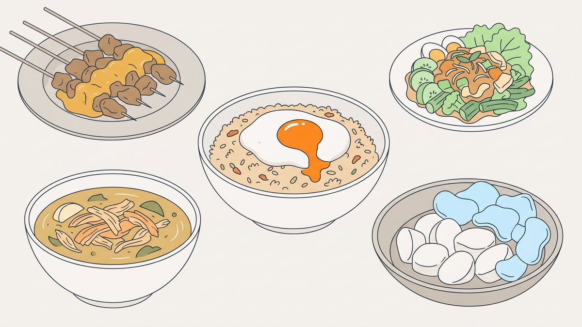 Flache Illustration typischer indonesischer Gerichte auf einem hellen Hintergrund.