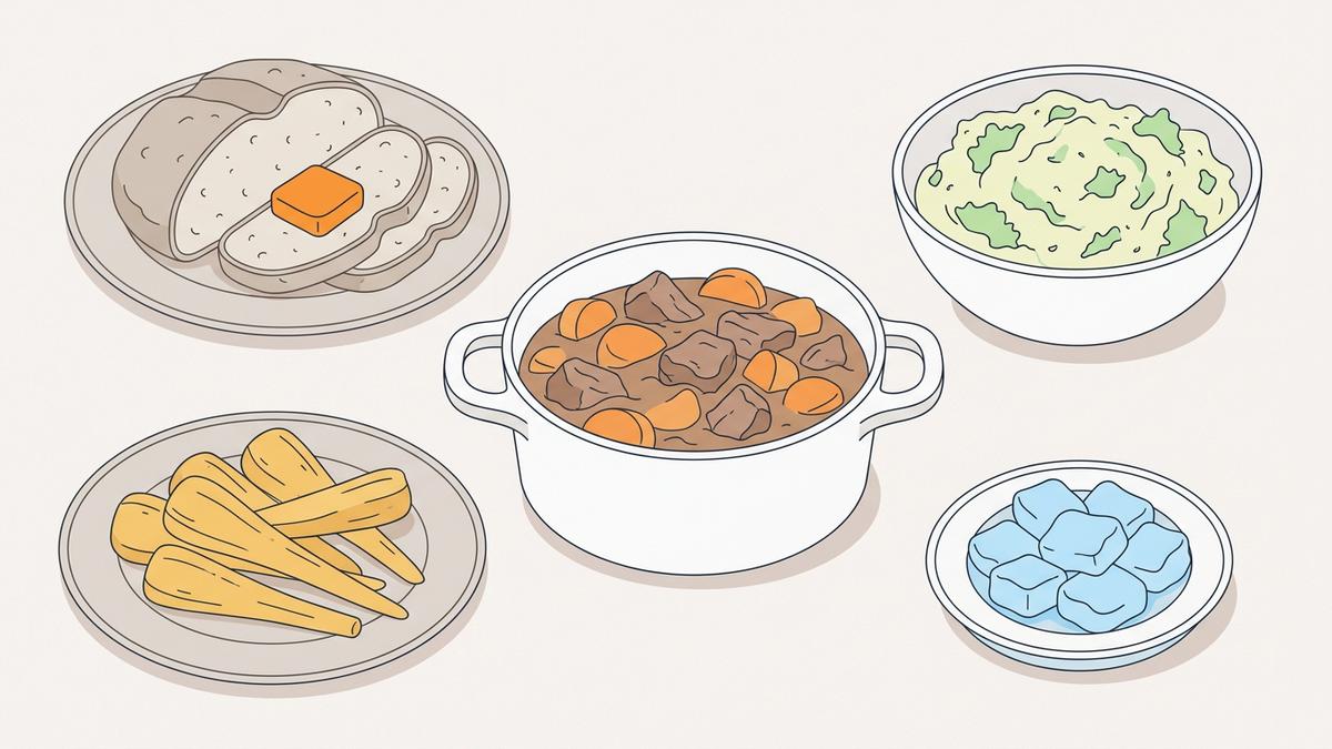 Flache Illustration typischer irischer Gerichte auf einem hellen Hintergrund