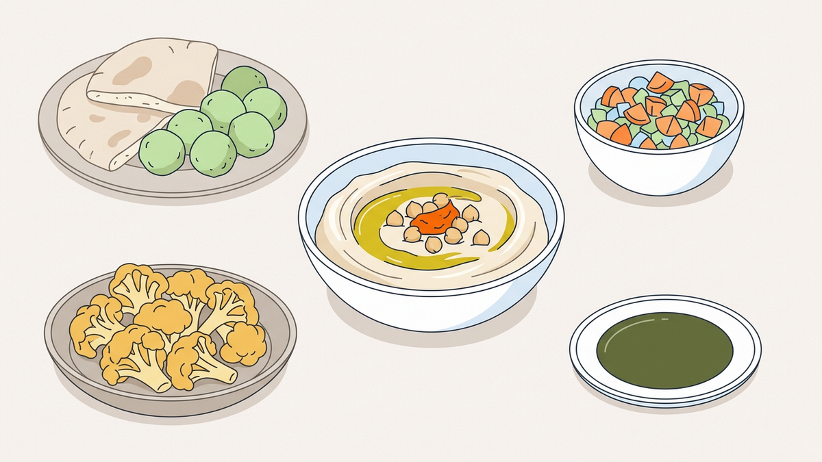 Flache Illustration typischer israelischer Gerichte auf hellem Hintergrund
