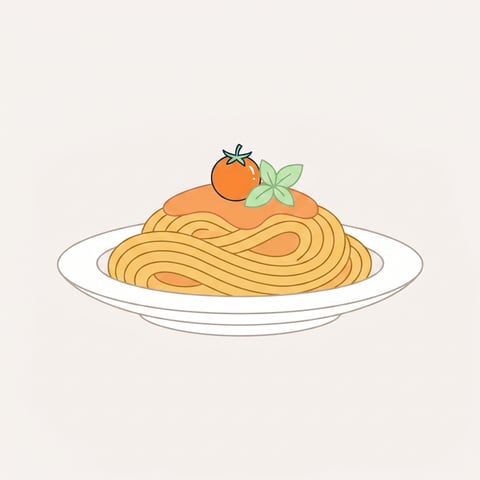 Flache Illustration typischer italienischer Gerichte wie Pasta und Pizza auf hellem Hintergrund