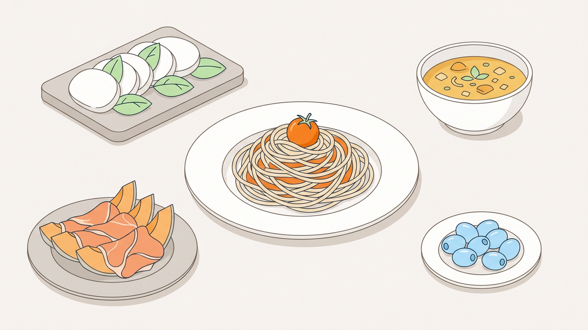 Flache Illustration typischer italienischer Gerichte wie Pasta und Pizza auf hellem Hintergrund