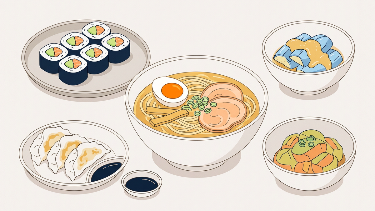 Flache Illustration typischer Gerichte der japanischen Küche auf hellem Hintergrund.