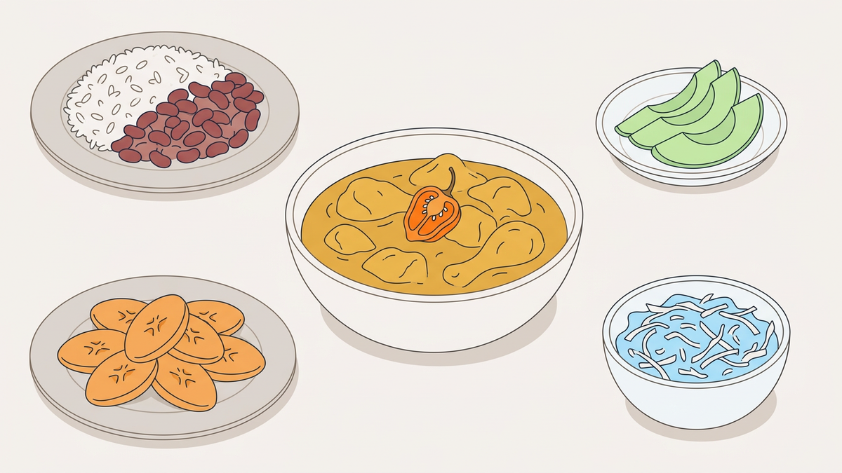 Flache Illustration typischer karibischer Gerichte auf hellem Hintergrund.