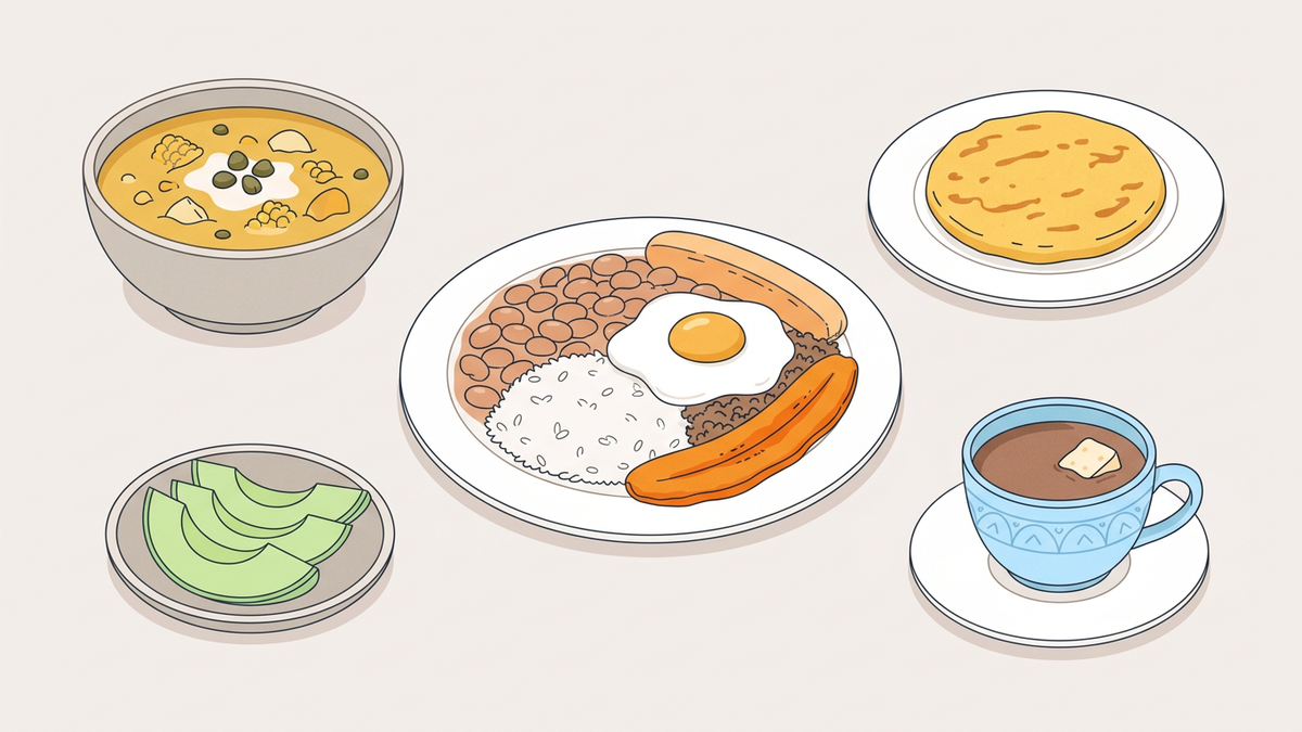 Flache Illustration typischer kolumbianischer Gerichte auf hellem Hintergrund