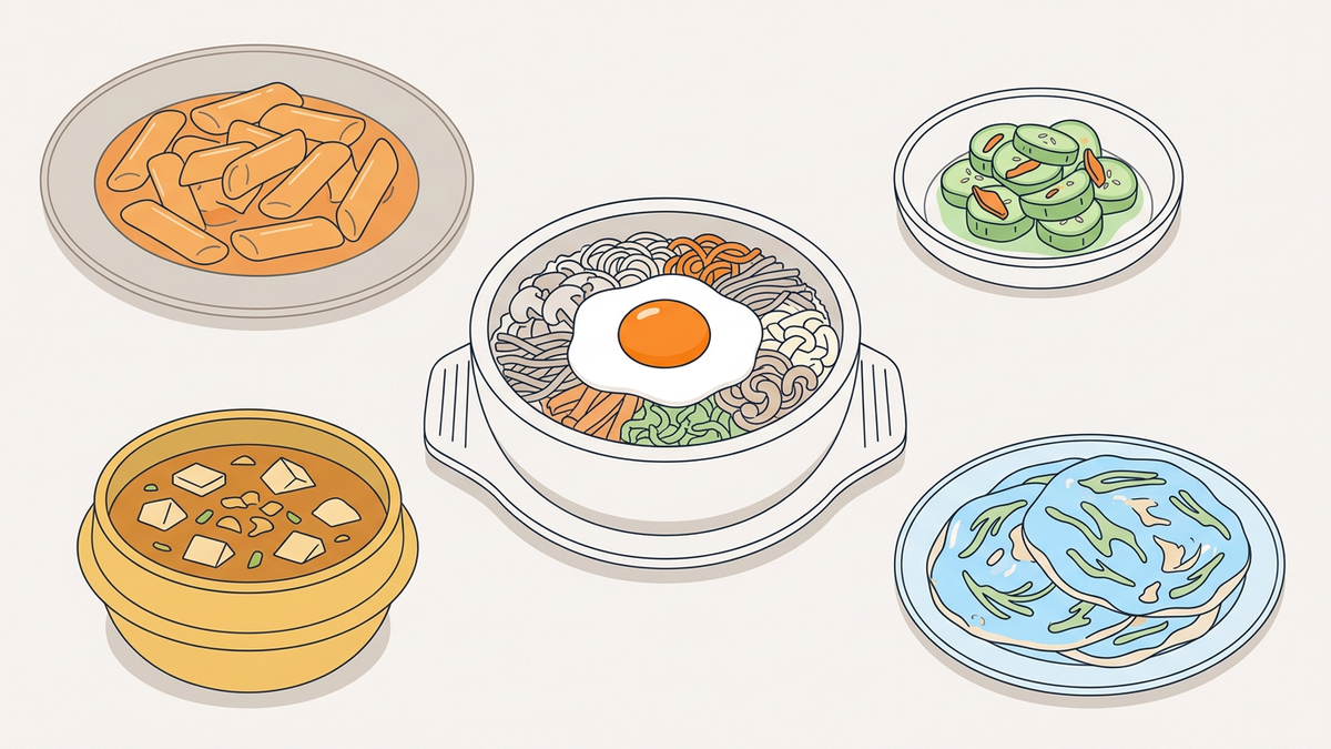 Flache Illustration typischer koreanischer Gerichte auf einem hellen Hintergrund.