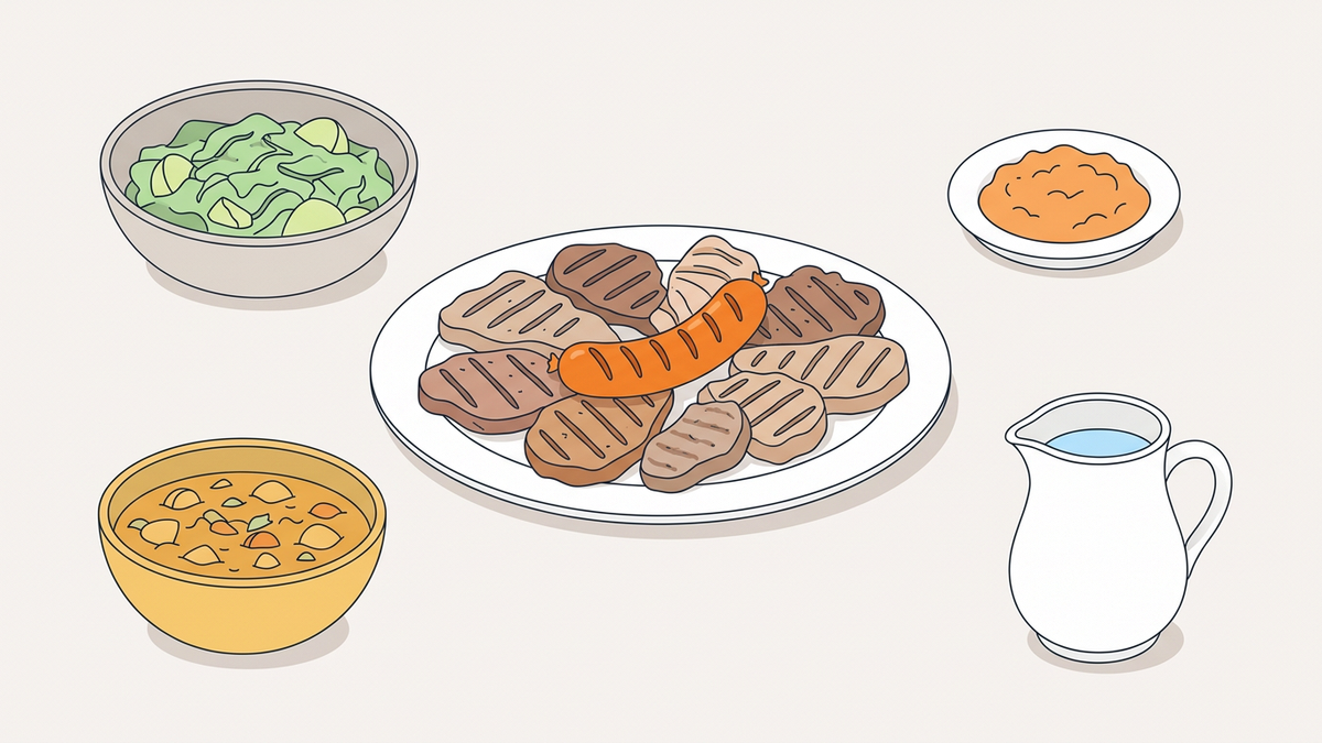 Flache Illustration typischer kroatischer Gerichte auf hellem Hintergrund