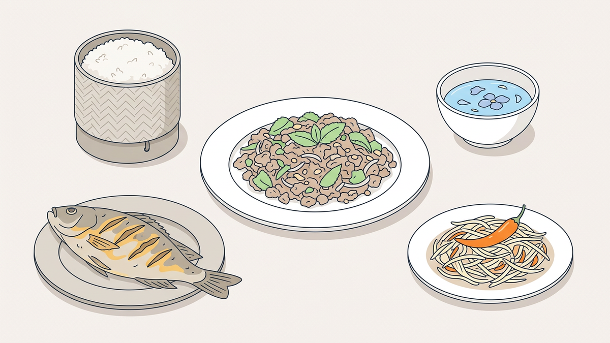 Flache Illustration laotischer Nationalgerichte auf einem hellen Hintergrund
