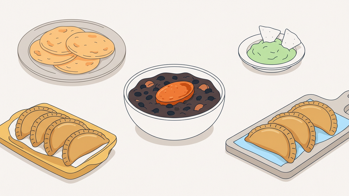 Flache Illustration lateinamerikanischer Gerichte wie Tacos und Empanadas auf hellem Hintergrund