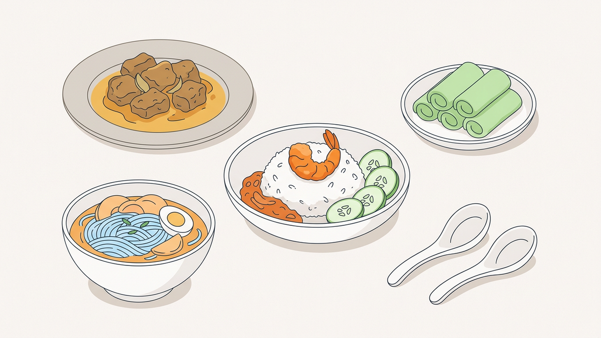 Flache Illustration typischer malaysischer Gerichte auf hellem Hintergrund