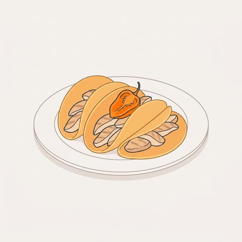 Flache Illustration verschiedener mexikanischer Gerichte wie Tacos auf hellem Hintergrund.