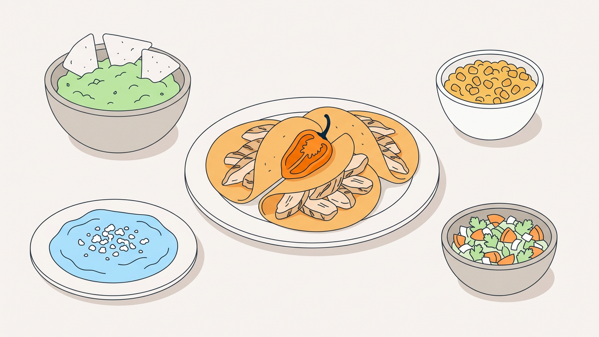 Flache Illustration verschiedener mexikanischer Gerichte wie Tacos auf hellem Hintergrund.