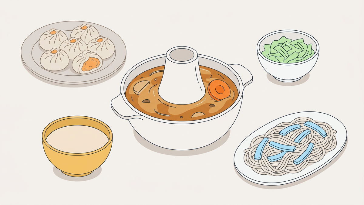 Flache Illustration mongolischer Spezialitäten wie Teigtaschen und Fleischgerichte auf hellem Hintergrund