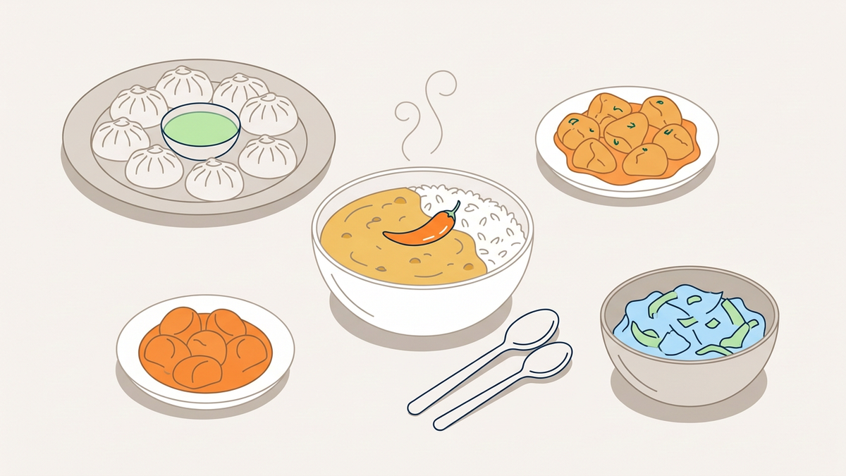 Flache Illustration typischer nepalesischer Gerichte auf einem hellen Hintergrund