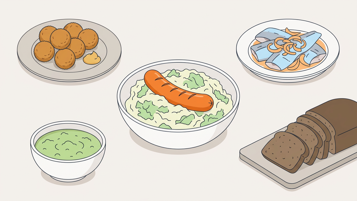 Flache Illustration typischer niederländischer Gerichte auf einem hellen Hintergrund.