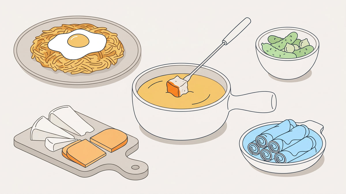 Flache Illustration typischer Schweizer Gerichte wie Fondue und Raclette auf hellem Hintergrund.