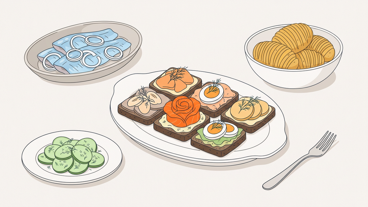 Flache Illustration skandinavischer Gerichte auf hellem Hintergrund.