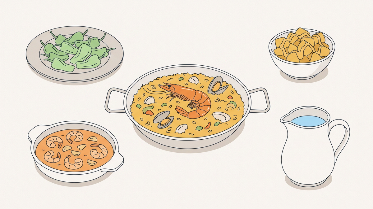 Flache Illustration typischer spanischer Gerichte auf hellem Hintergrund