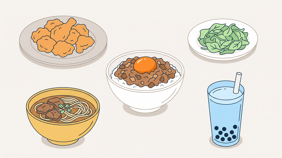 Flache Illustration typischer Gerichte der taiwanesischen Küche auf hellem Hintergrund.