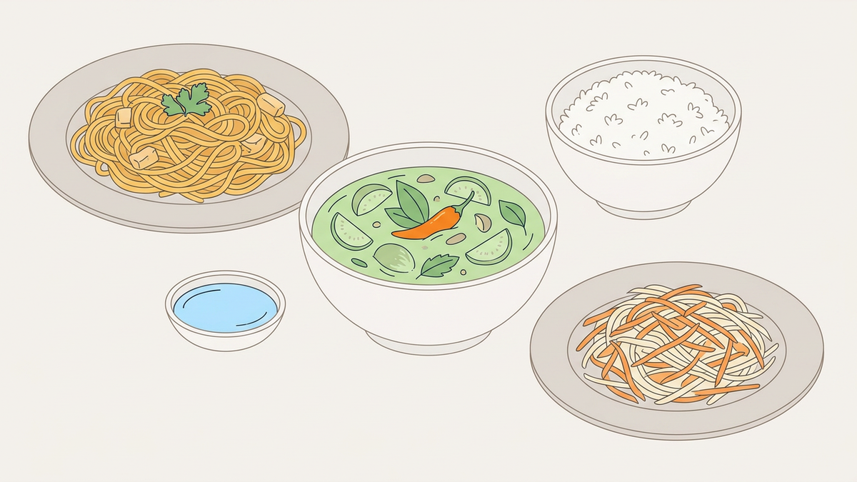Flache Illustration typischer thailändischer Gerichte auf hellem Hintergrund
