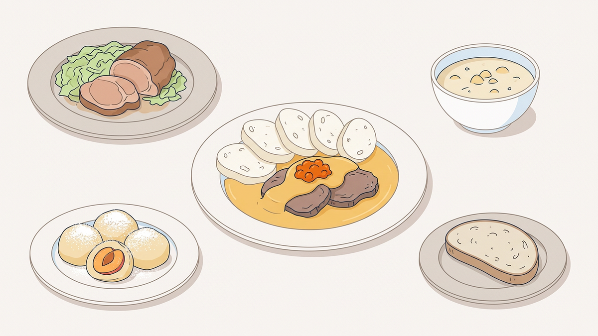 Flache Illustration typischer tschechischer Gerichte auf einem hellen Hintergrund.