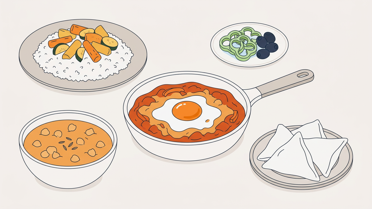 Flache Illustration typischer tunesischer Gerichte auf hellem Hintergrund