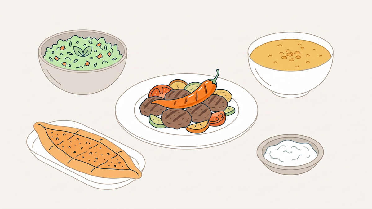 Flache Illustration typischer türkischer Gerichte auf einem hellen Hintergrund.