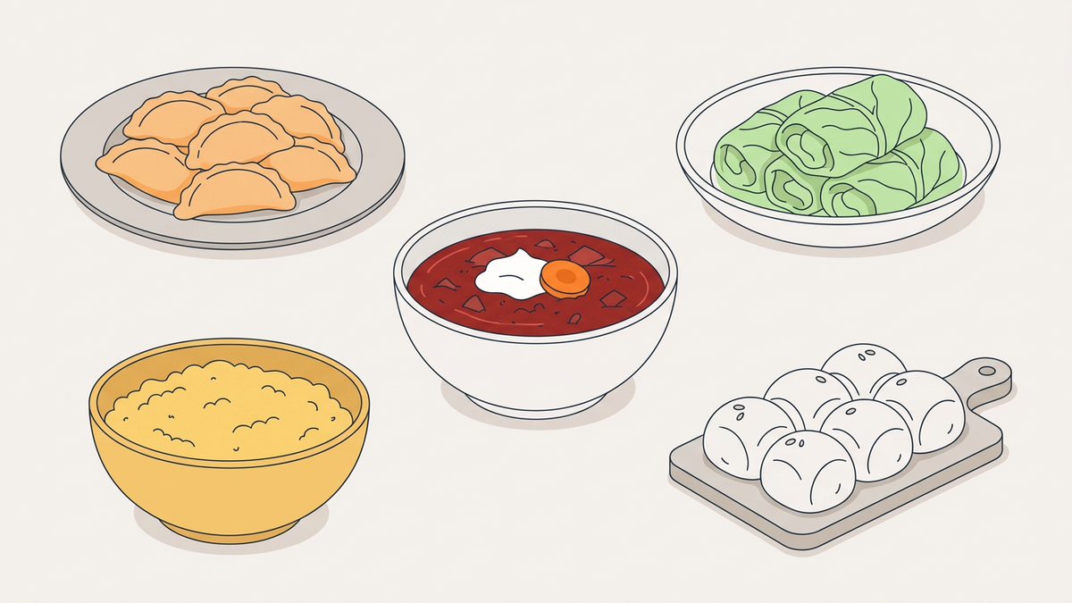 Flache Illustration typischer ukrainischer Gerichte auf hellem Hintergrund.