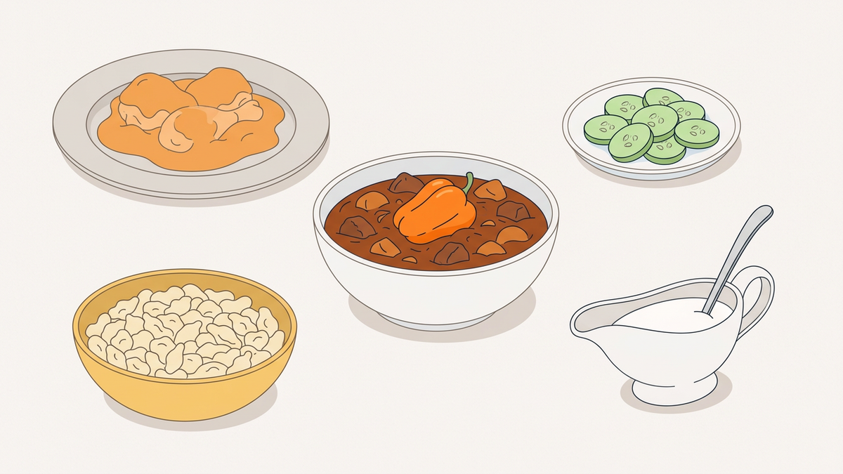 Flache Illustration typischer ungarischer Gerichte auf einem hellen Hintergrund.