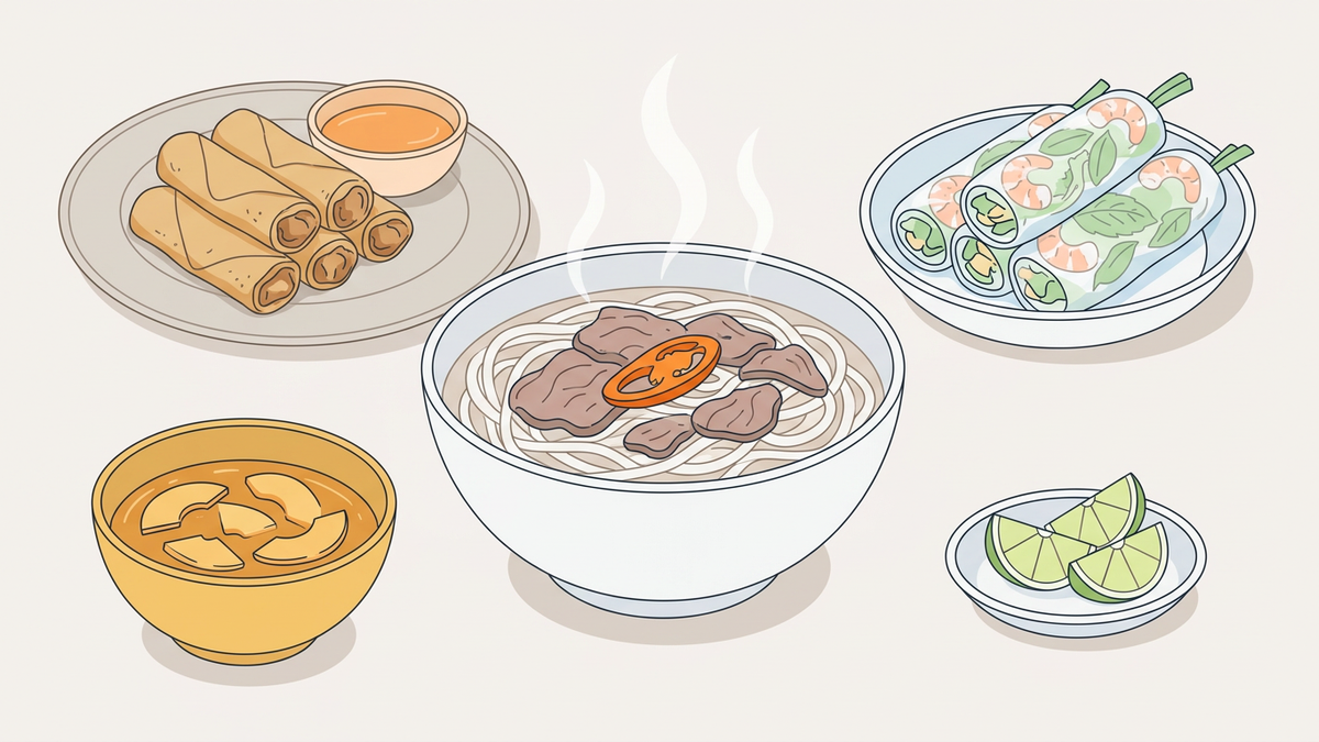 Flache Illustration typischer vietnamesischer Gerichte auf einem hellen Hintergrund