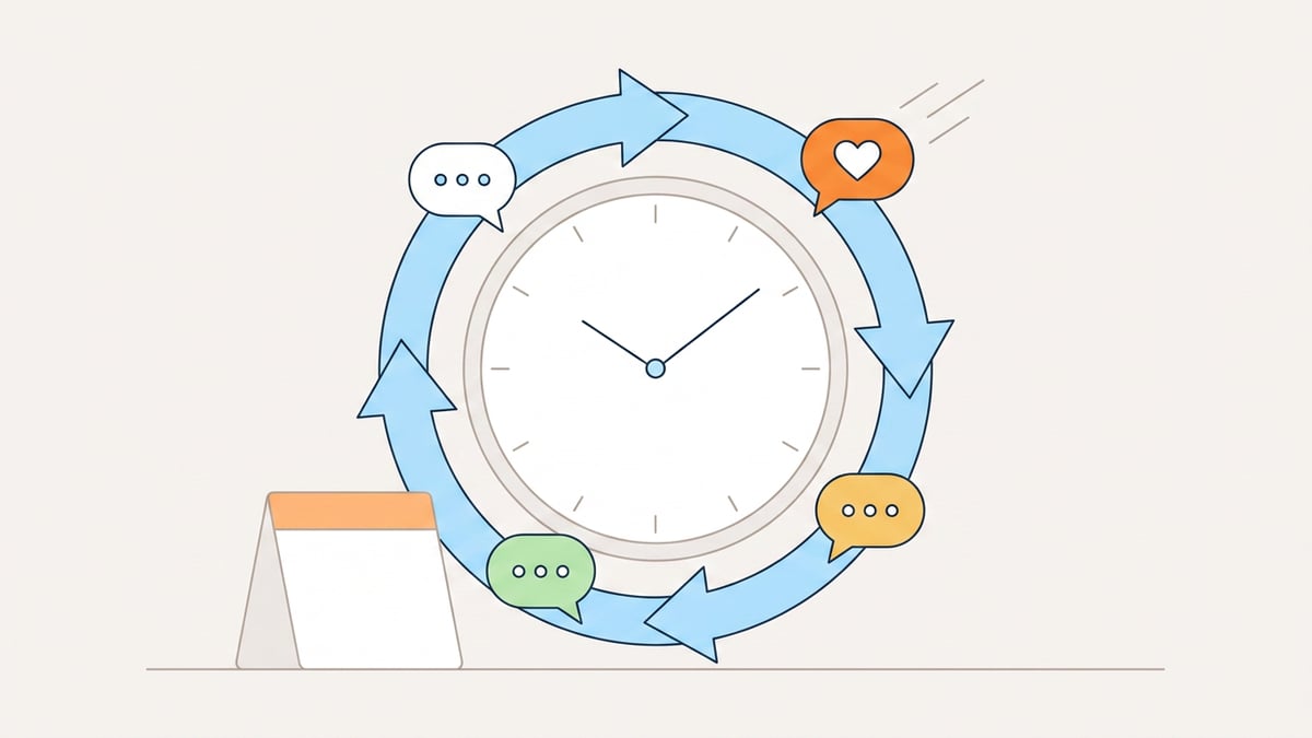 Illustration: Eine Uhr, umkreist von Pfeilen, auf denen Sprechblasen wie auf einer Bahn laufen