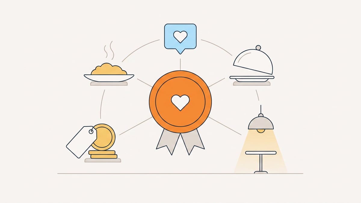 Illustration: Fünf Symbole für Essen, Service, Atmosphäre, Preis-Leistung und Weiterempfehlung um eine zentrale Medaille
