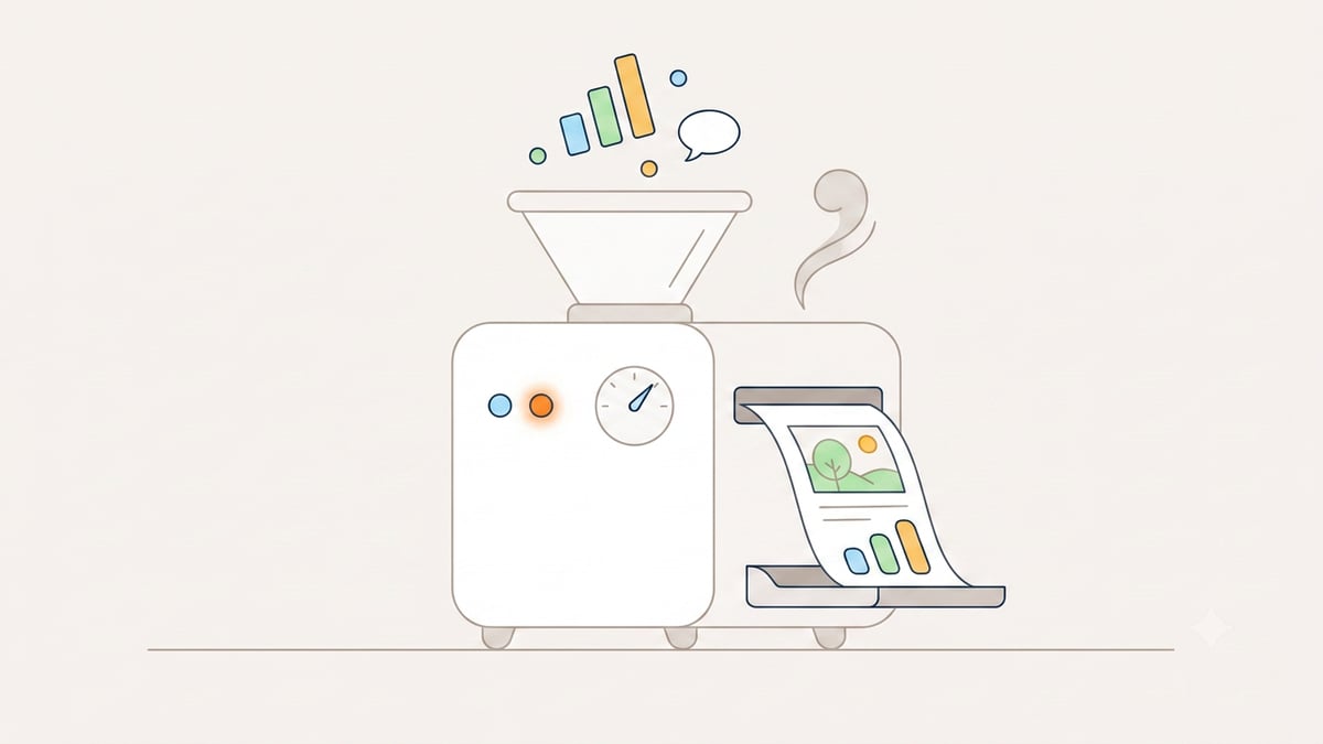 Illustration: Eine freundliche Maschine nimmt Datenbausteine auf und gibt eine fertig gestaltete Seite aus