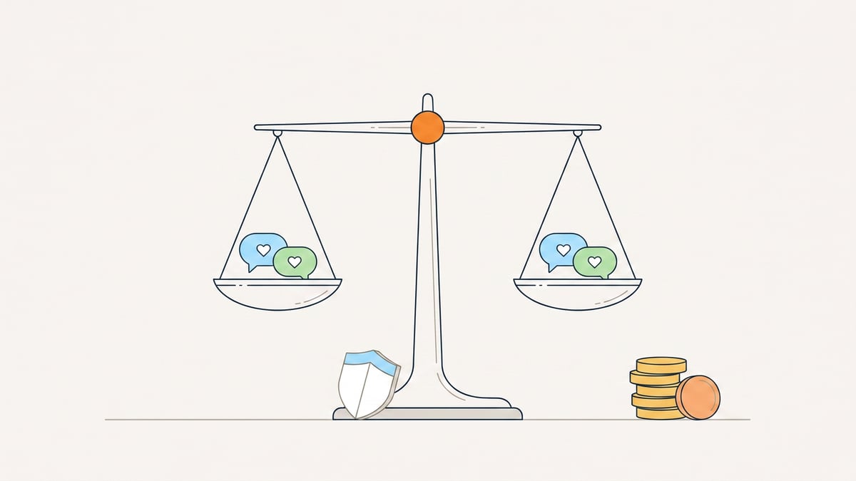 Illustration: Eine Waage im perfekten Gleichgewicht mit Sprechblasen auf beiden Waagschalen, Münzen liegen unbenutzt daneben