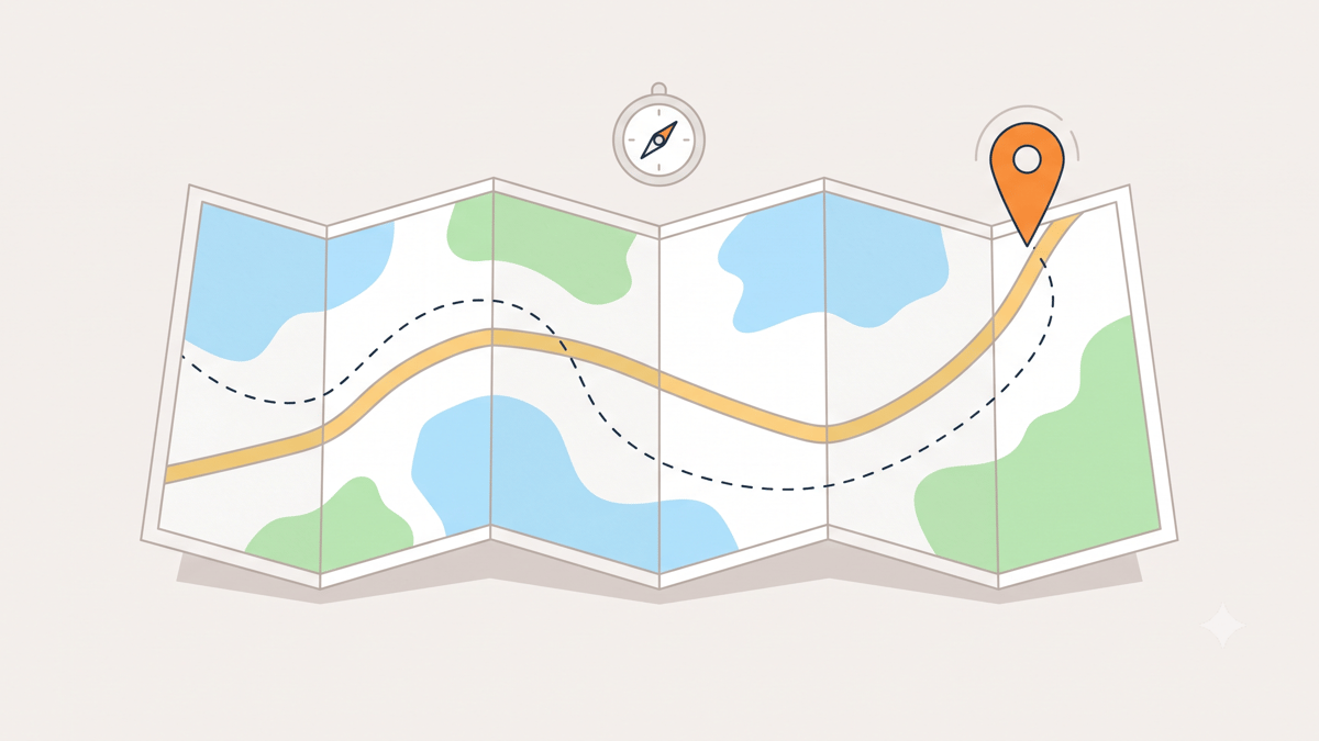 Illustration: Eine entfaltete Landkarte mit einer gestrichelten Route zu einer Ortsmarkierung