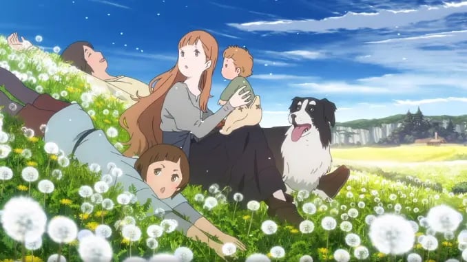Maquia und weitere Figuren sowie ein Hund sitzen auf einer Wiese.