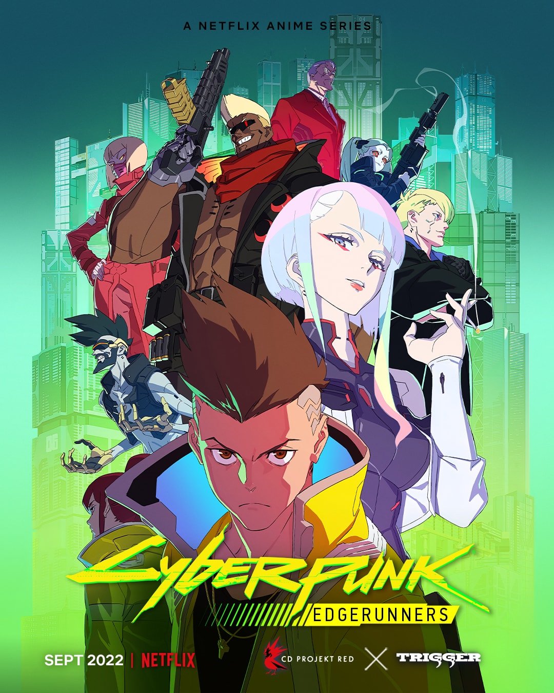 David aus Cyberpunk: Edgerunners und andere Figuren der Serie auf einem Werbeplakat.