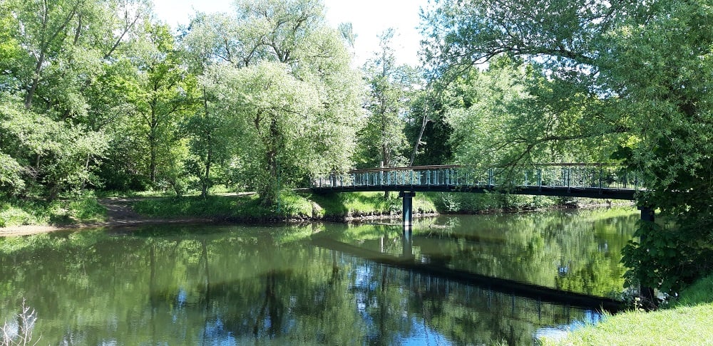 Die Emsaue mit der Emsbrücke in Telgte, Nordrhein-Westfalen