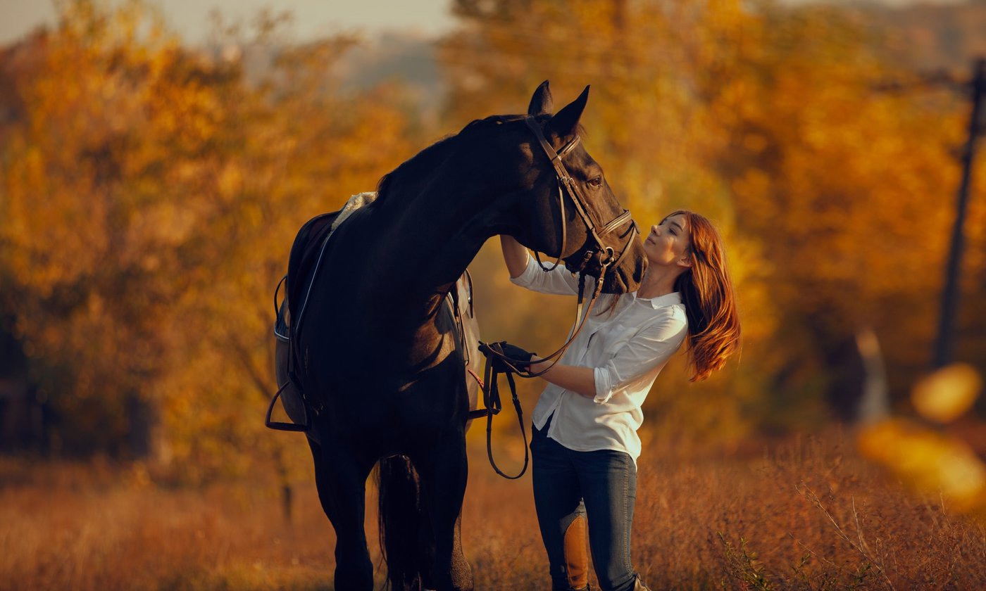 Frau mit Pferd im herbstlichen Wald.