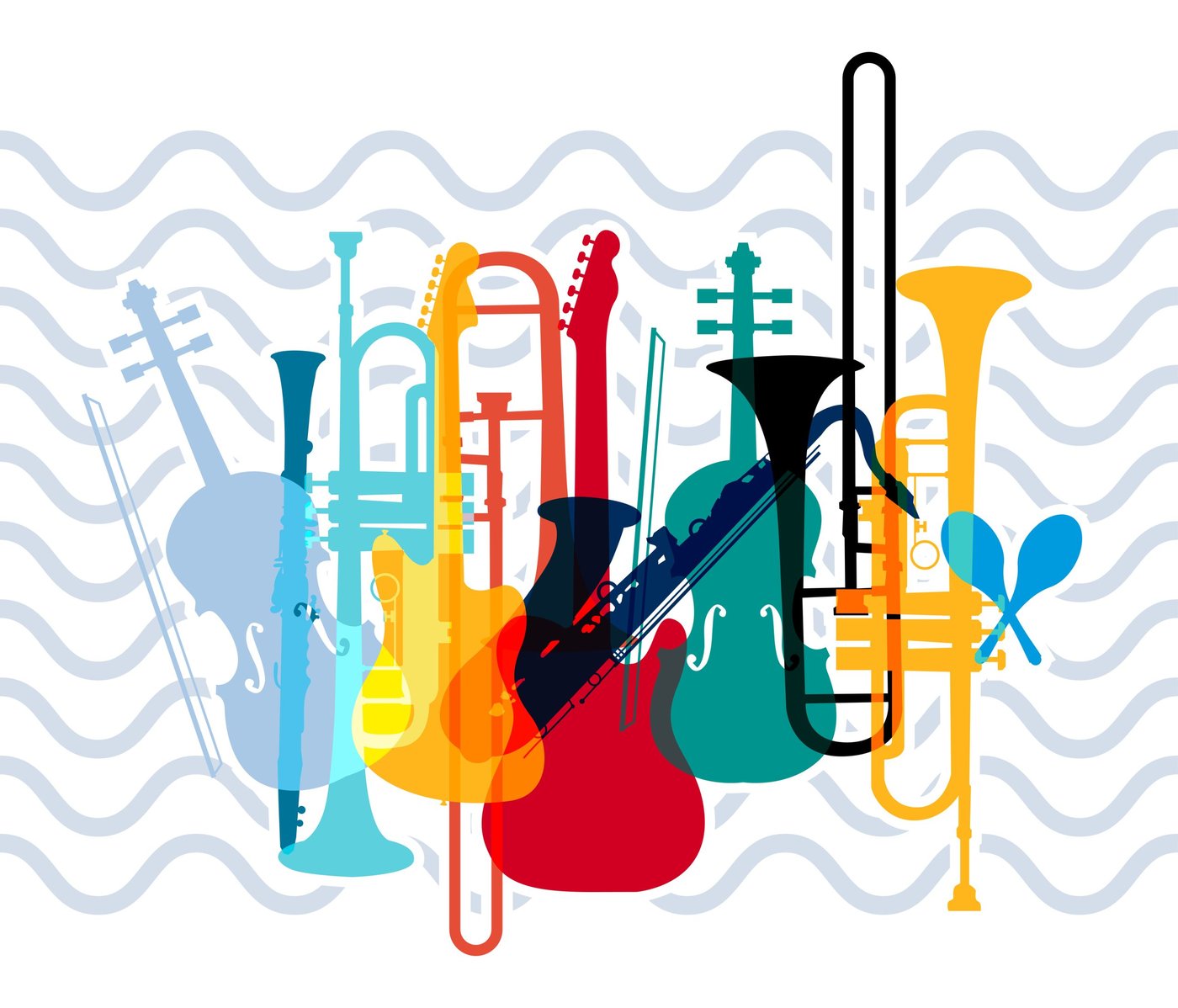Grafik mit verschiedenen Musikinstrumenten.