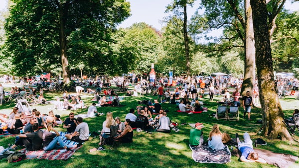 Besucher der DJ Picknicks auf dem Rasen eines Parks
