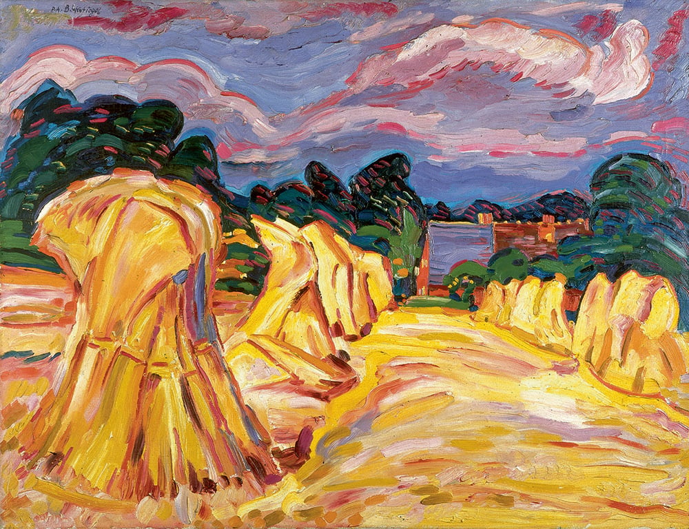 Peter August Böckstiegel: Elternhaus mit Kornstiegen, um 1928, Öl auf Leinwand, 76 × 99 cm, Peter-August-Böckstiegel-Stiftung, Werther (Westf.), 