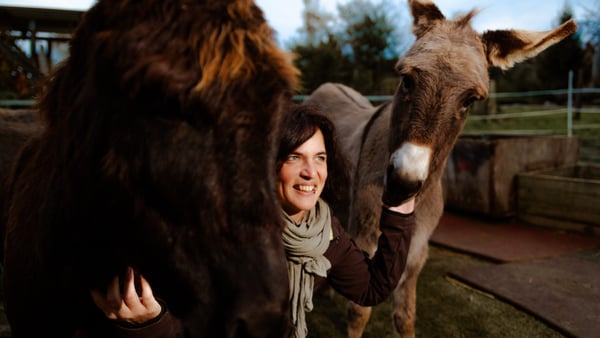 nadine zwischen zwei eseln auf ihrer farm