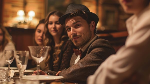 verkleidete menschen bei einem krimidinner zuhause